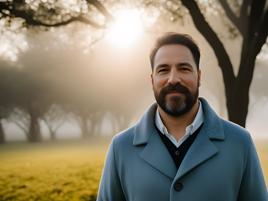 man, blue coat, field, trees.