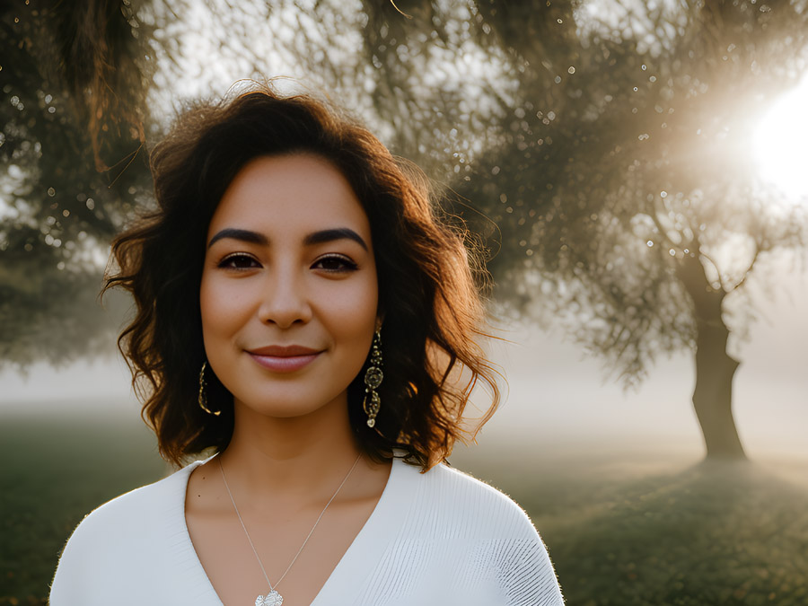 Woman, trees.