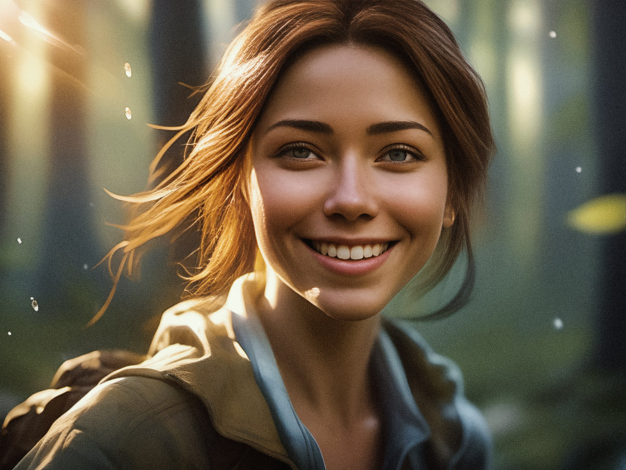 A young woman with light brown hair beams at the camera, sporting a chic light jacket and backpack amidst a sun-dappled forest. Serene and stylish.