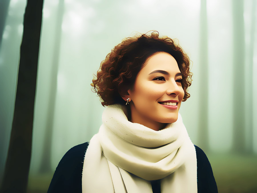 "Mysterious lady in a pristine white scarf amidst the ethereal fog of an enchanting forest"