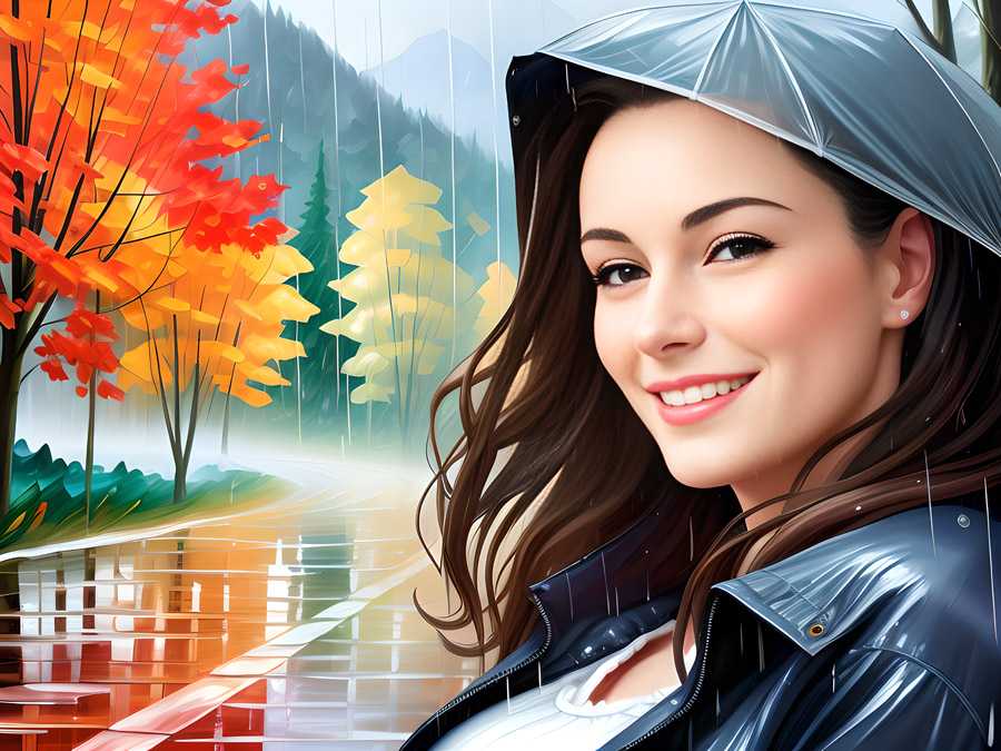 The finest woman wearing an umbrella in the rain.