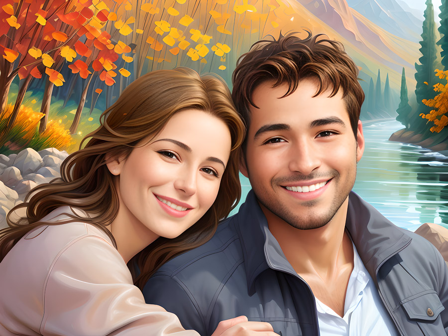 A man and woman are posing for a perfect picture in front of a river.