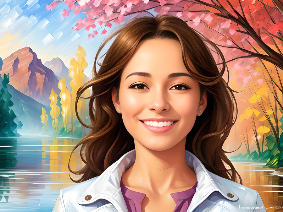 An outstanding painting of a woman in front of a lake.