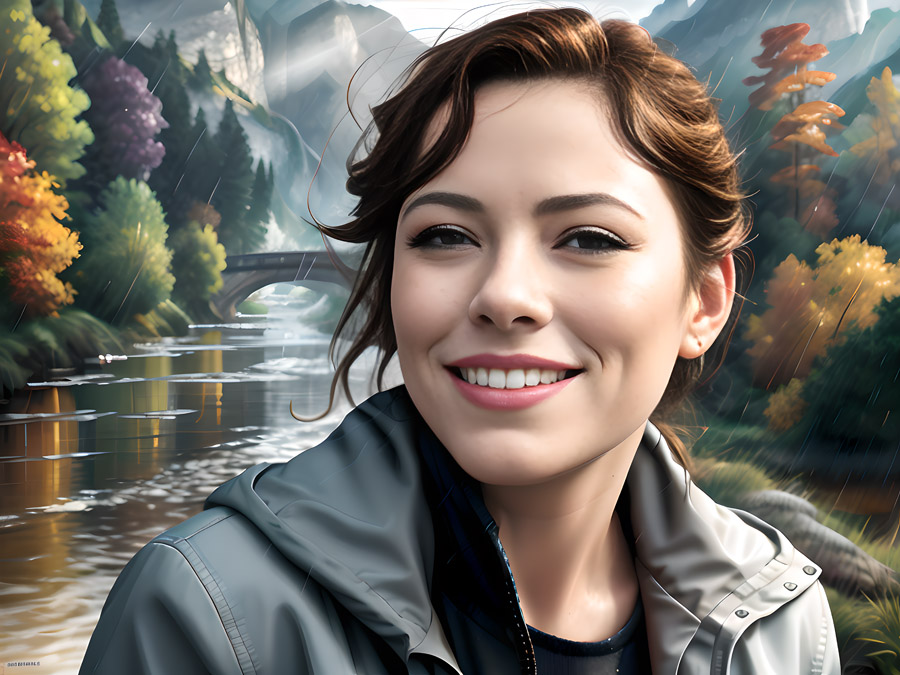 A woman is smiling in front of a river.