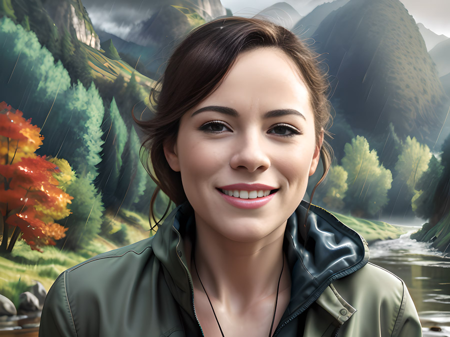 A woman in a green jacket is smiling in front of a river.