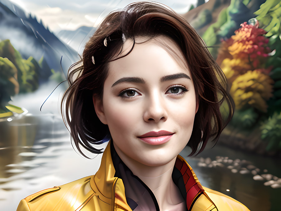 A leading woman in a yellow jacket is posing in front of a river.