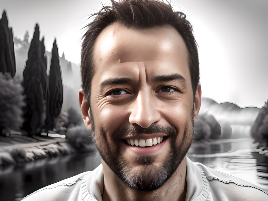 An outstanding man smiling in front of a river.