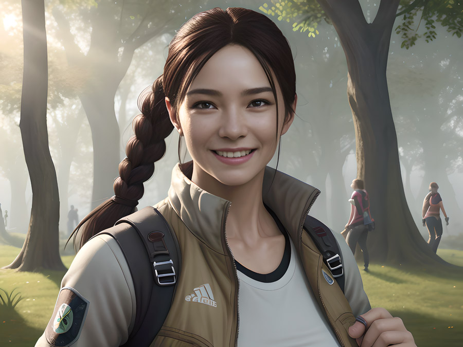 Adventurous woman trekking through lush green forest with backpack.