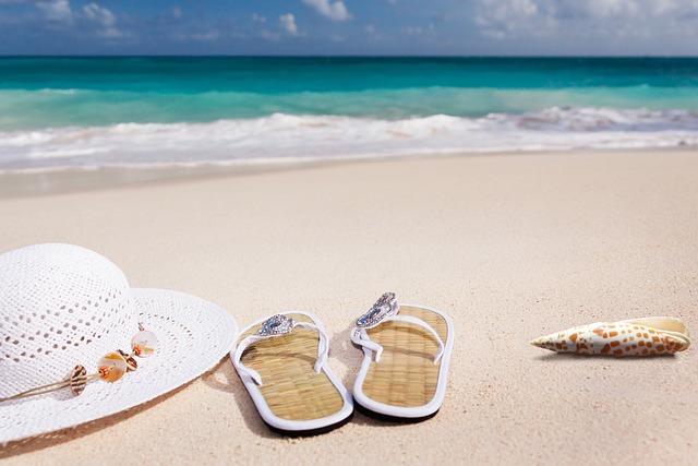 A pair of flip flops on the beach.