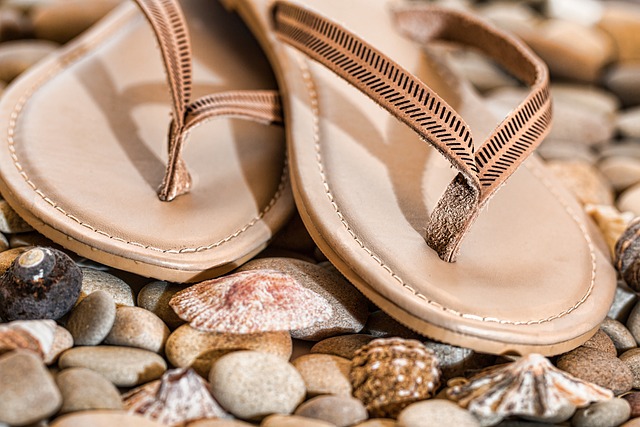 A beach scene with flip-flops and shells.