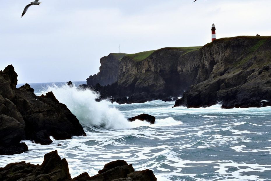 A red and white striped lighthouse stands sentinel on a grassy cliff, echoing seafarer style. Two seagulls soar over crashing waves; adventure awaits with your stylish WaterField backpack beside you.