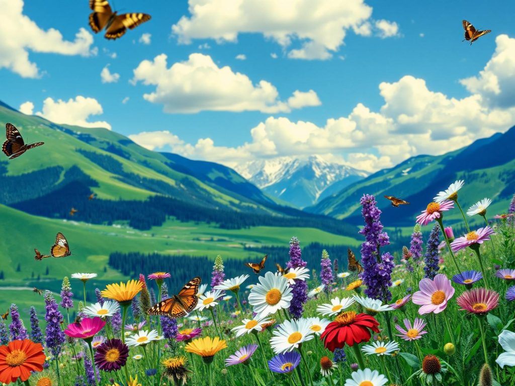 A fashionista's dream: a vibrant meadow blooms with wildflowers, butterflies dance amidst nature-inspired patterns—like on a chic WaterField Designs backpack.