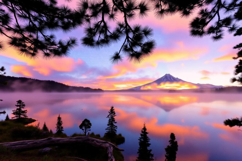 A tranquil sunset reflects vibrant pink, orange, and purple hues over a serene lake, echoing fashion's latest color trends.