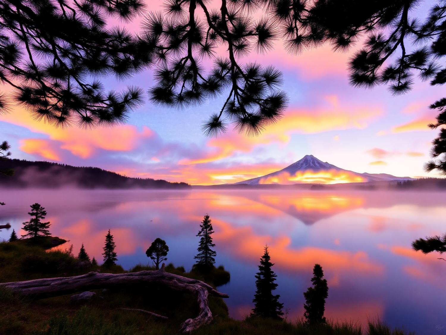 A tranquil sunset reflects vibrant pink, orange, and purple hues over a serene lake, echoing fashion's latest color trends.