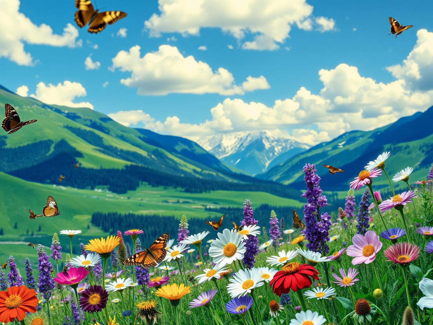 A fashionista's dream: a vibrant meadow blooms with wildflowers, butterflies dance amidst nature-inspired patterns—like on a chic WaterField Designs backpack.