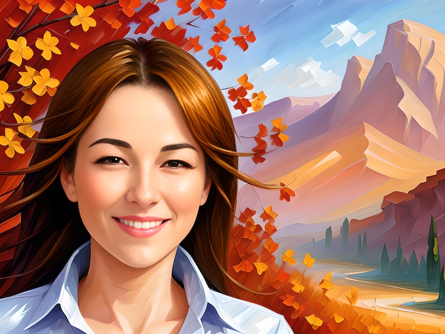 The best painting of a woman in front of a mountain.