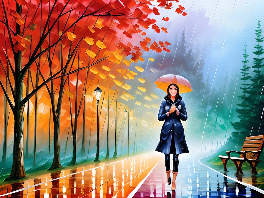 An outstanding painting of a woman holding an umbrella in the rain.