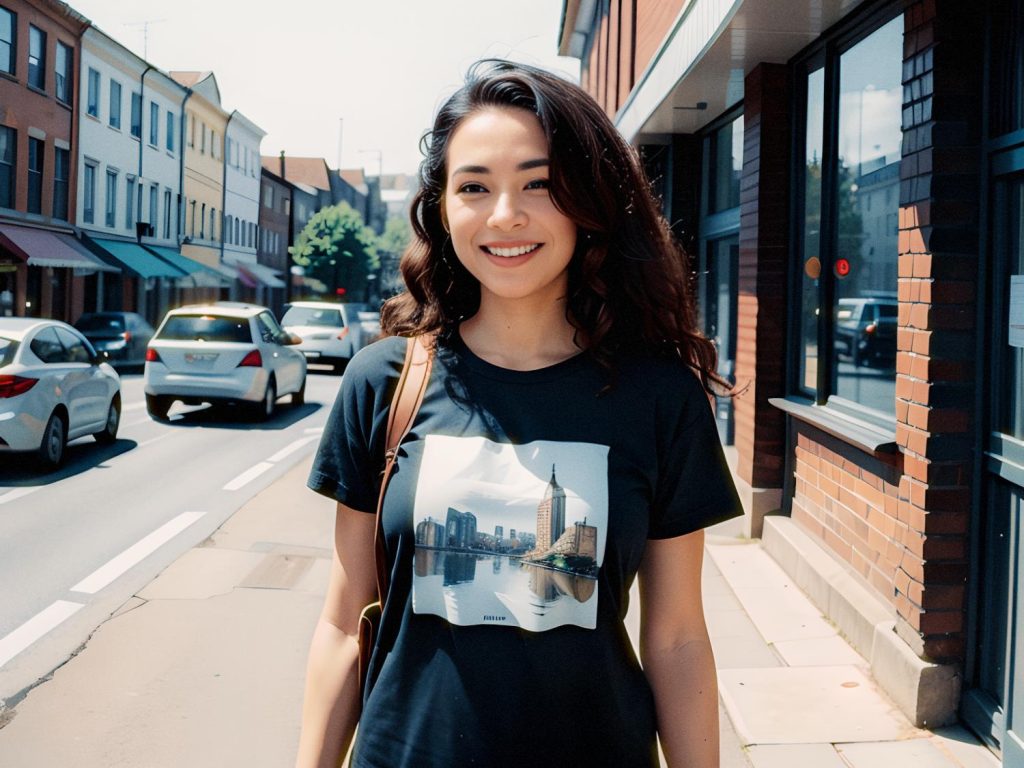A young woman with wavy hair beams in a black cityscape tee, standing stylishly on a sunny sidewalk. Her hardshell suitcase-ready for urban adventures.