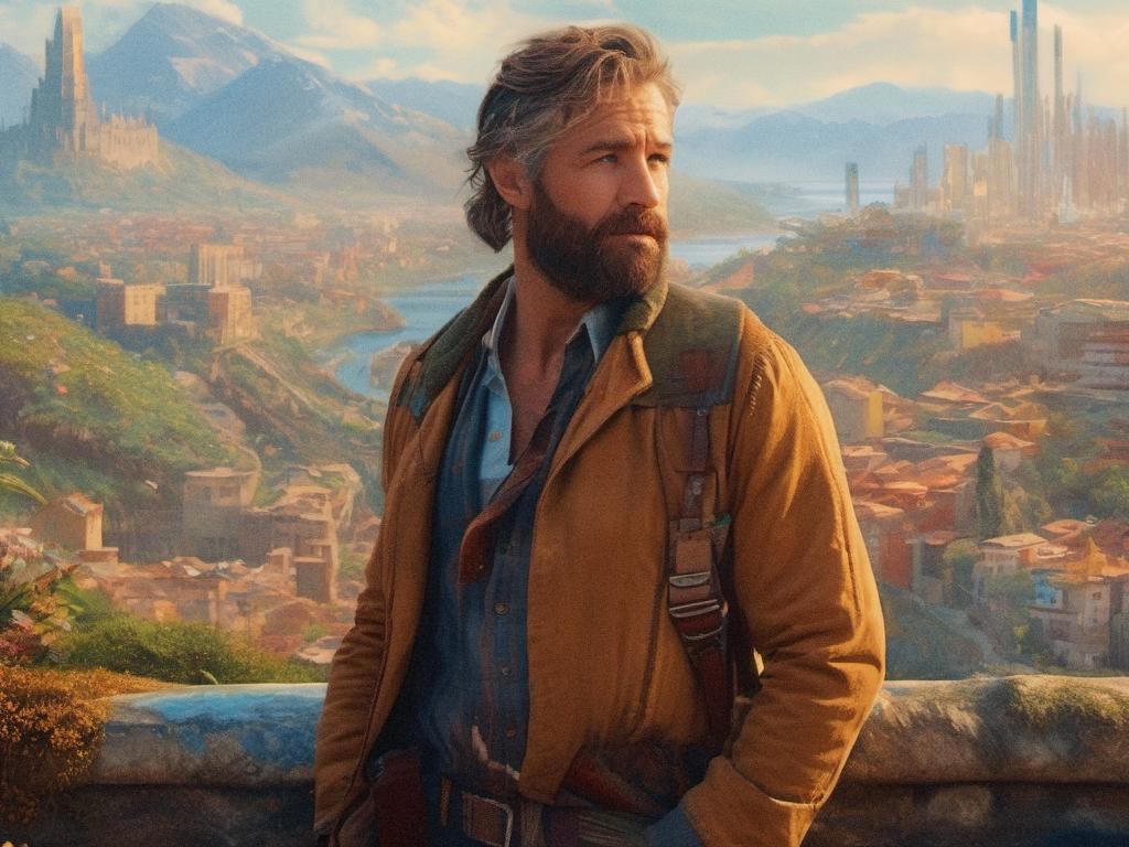 A bearded man in rugged attire stands on a balcony, overlooking vibrant townscapes and futuristic skyline. His Fossil watch adds a touch of class.