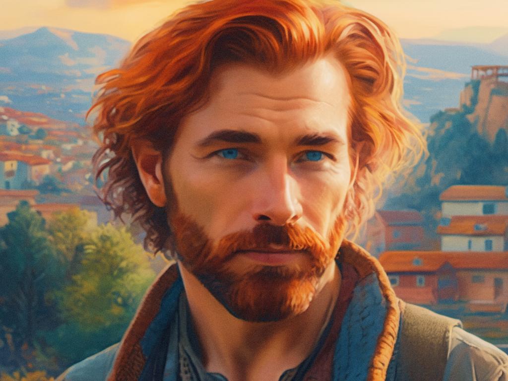 A man with wavy red hair and a beard stands outdoors, mountains and terracotta-roofed village behind him. His piercing blue eyes and casual jacket reflect an effortlessly rugged style as he contemplates wallet types, bathed in warm sunlight.