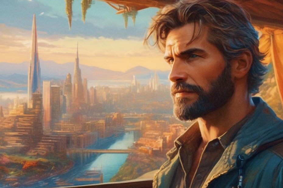 A bearded man gazes pensively from a balcony, his stylish messenger bag over one shoulder. Behind him, a futuristic cityscape basks in golden sunlight.