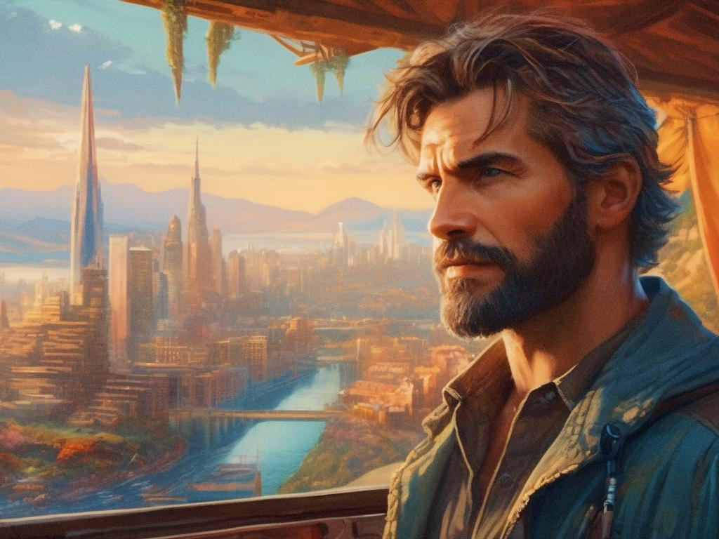 Convenient Diaper Bags for Modern Parents on the Go A bearded man gazes pensively from a balcony, his stylish messenger bag over one shoulder. Behind him, a futuristic cityscape basks in golden sunlight.