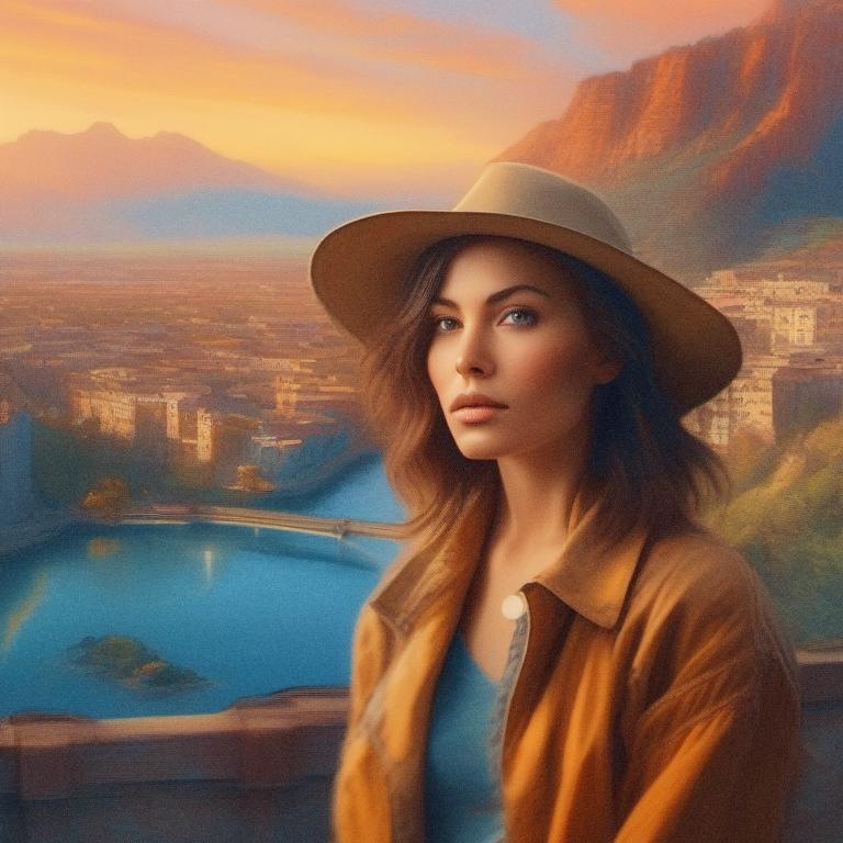 A woman with long brown hair, chic in a tan hat and brown coat, stands with a messenger bag. She gazes thoughtfully at a sunset over a serene town and winding river. #StyleInNature