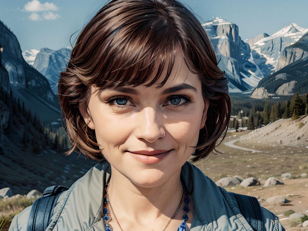 A stylish young woman with a chic short bob beams at the camera. She rocks a grey jacket and blue beaded necklace, standing by her perfect luggage set against a breathtaking mountain backdrop. #TravelInStyle