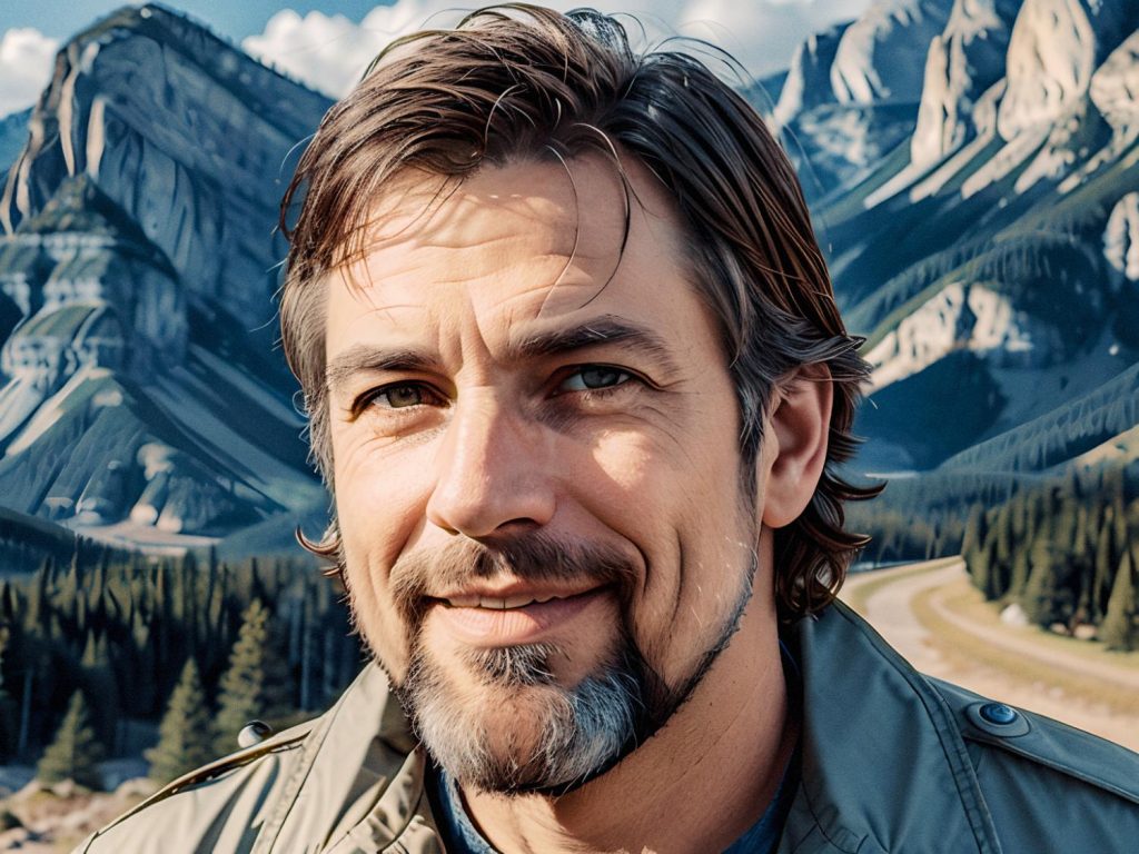 A bearded man with short brown hair stands against a mountainous backdrop, smiling confidently. Draped in a light jacket and accompanied by stylish hardshell suitcases, he epitomizes effortless travel chic amidst nature’s splendor.