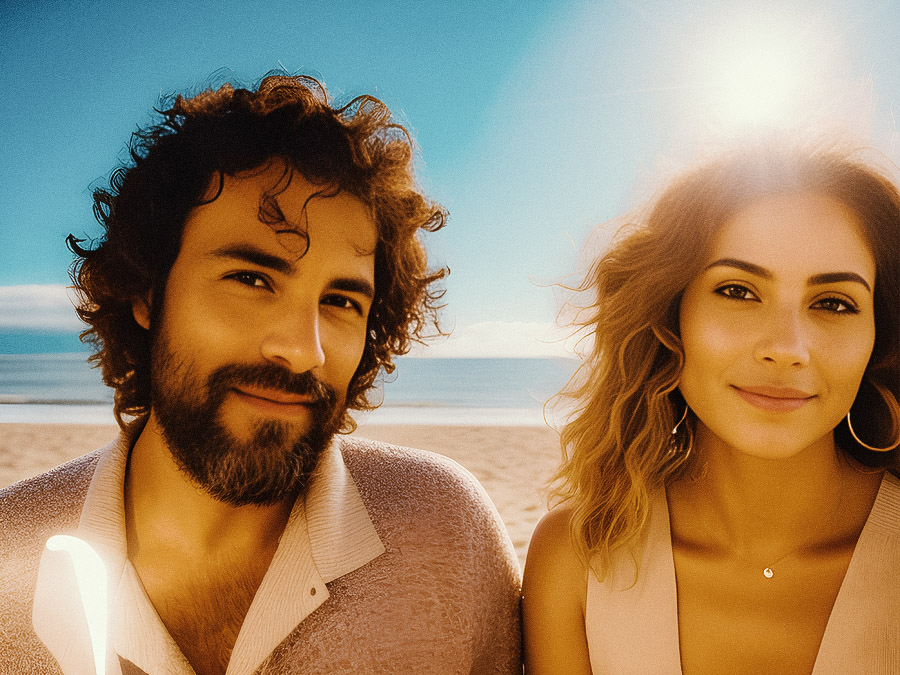 A stylish duo smiles joyfully on a sunny beach, the woman's chic messenger bag catching the light.