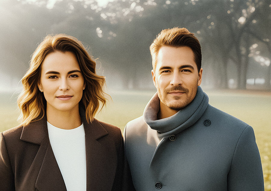 A stylish duo in chic outerwear: she with wavy shoulder-length hair in a brown coat, he with a trimmed beard in a gray coat, set against a misty forest backdrop.