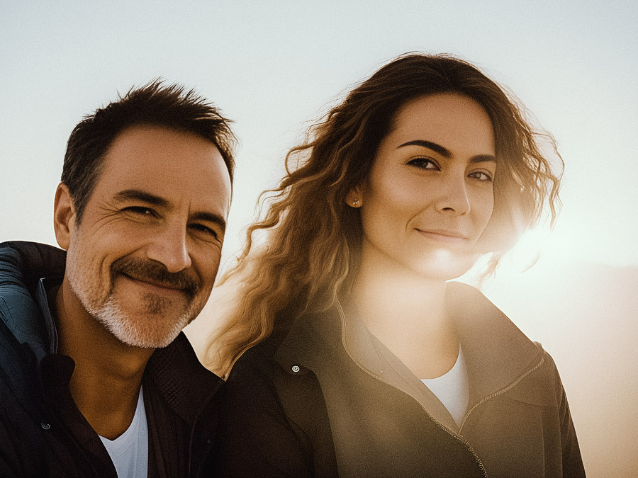 A stylish duo smiles at sunset, the warm glow highlighting his chic gray-threaded beard and her voluminous curls. Casual jackets on point!