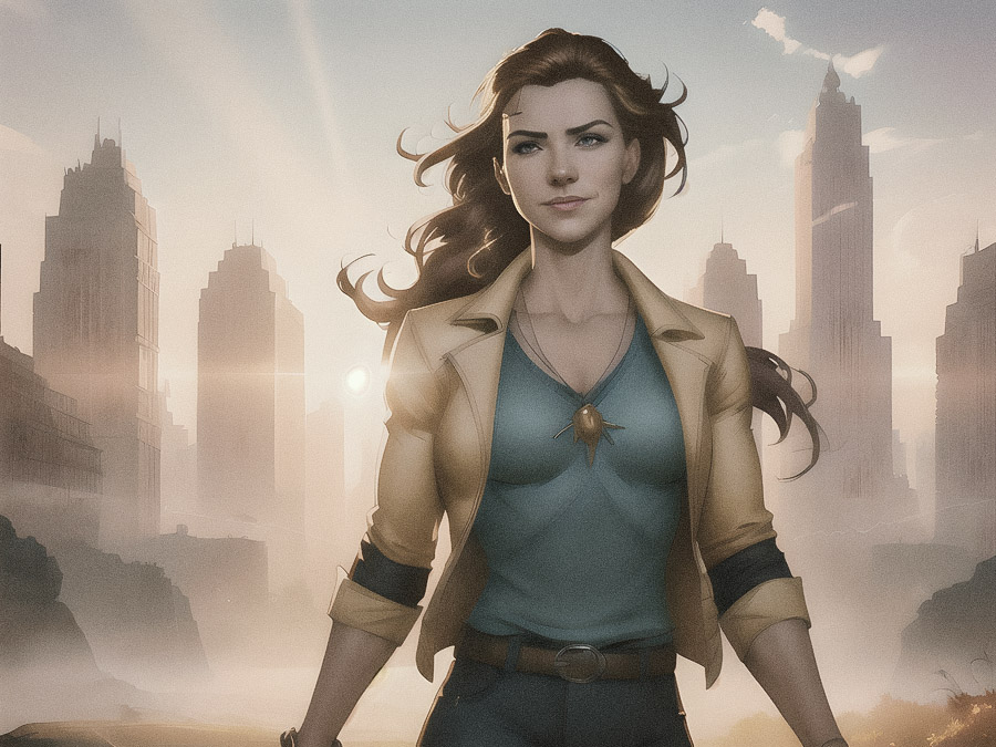 A chic woman, with long wavy hair and teal shirt under a beige jacket, stands confidently against a sunlit urban backdrop with a tranquil, misty ambiance.