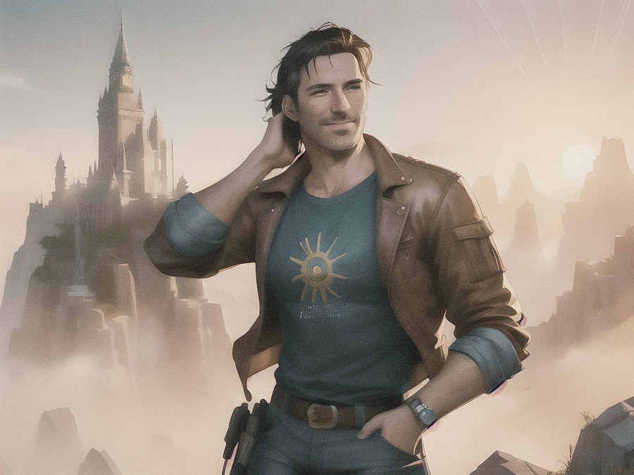 Animated man with wavy hair and a mustache exudes retro cool in a leather jacket and sun-emblem tee, standing by a medieval castle on a floating island.
