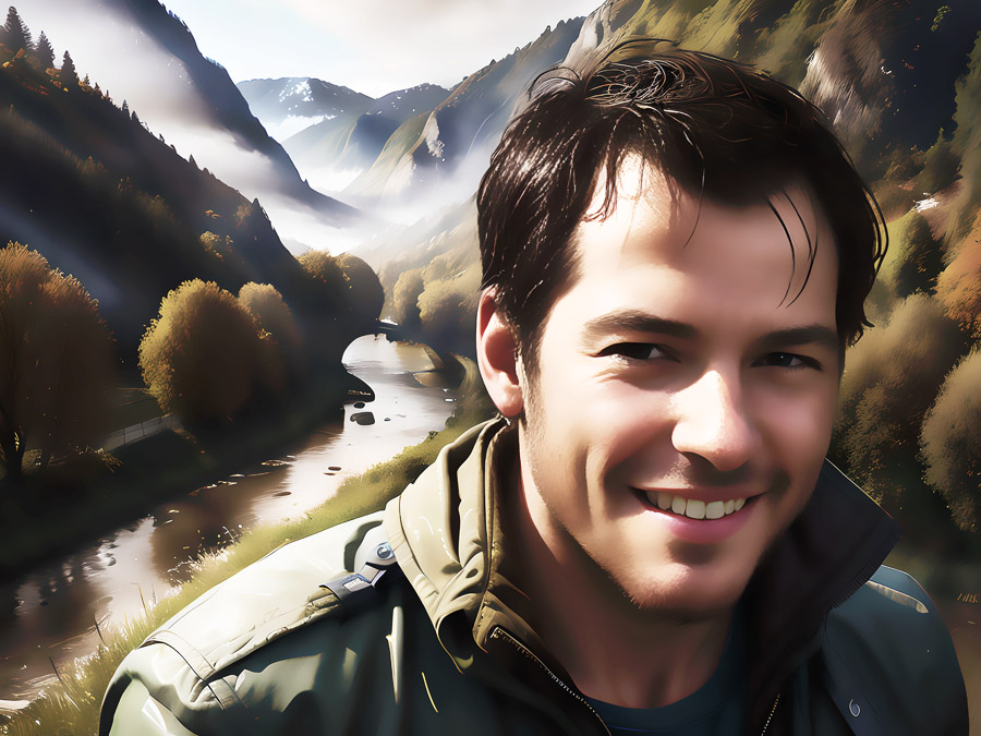 Joyful hiker grinning against the breathtaking backdrop of majestic mountains.
