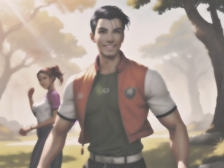 A man and woman exploring a lush green forest, evoking a sense of mystery and adventure.