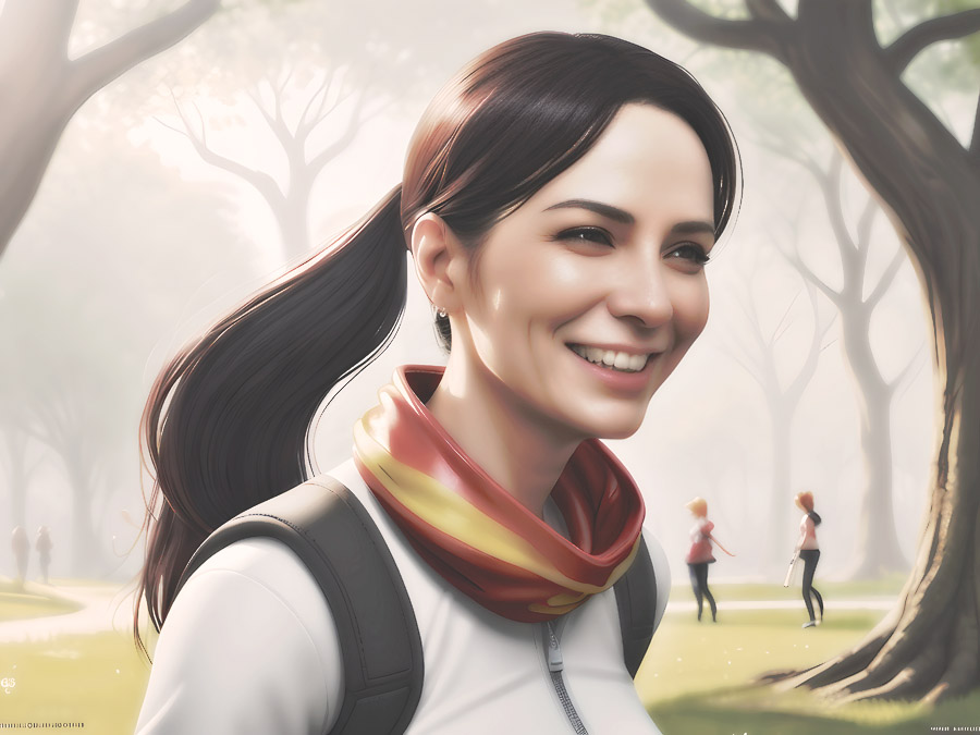 Cheerful woman enjoying a sunny day in the park with her backpack.