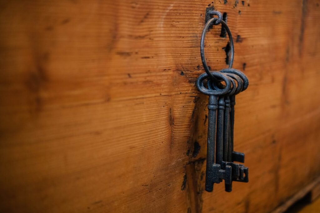 A set of keys hanging on a perfect wooden door.