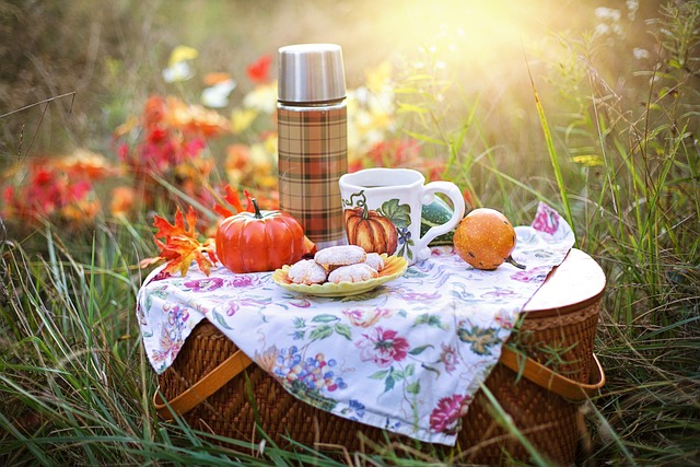 A perfect picnic basket with food and drinks on a grassy field.