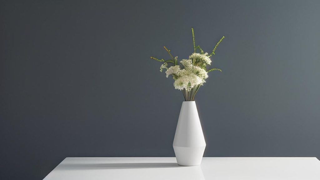 A sleek white geometric vase filled with delicate white flowers and greenery sits on a chic WaterField Designs table, epitomizing minimalist elegance against a dark gray backdrop. well suited for the modern home decor trend.
