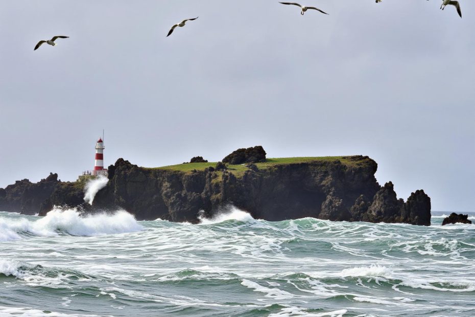 A lone lighthouse stands resilient on a rocky isle, amidst seagulls gliding through the cloudy sky—a metaphor for timeless fashion endurance.