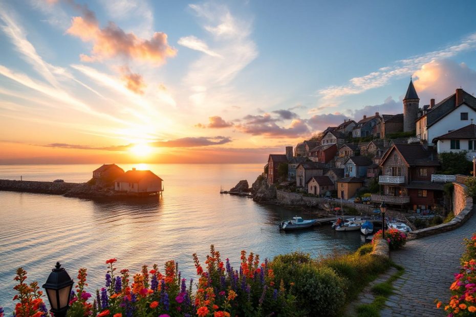 A stunning coastal village at sunset, with houses along the waterfront. Lush flowers resemble a statement accessory in nature's ensemble.