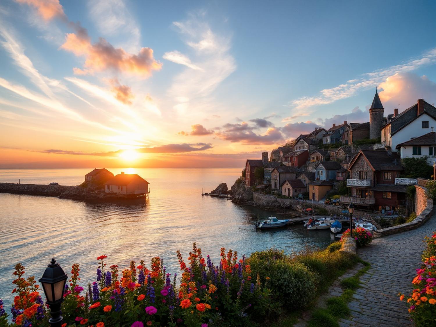 A stunning coastal village at sunset, with houses along the waterfront. Lush flowers resemble a statement accessory in nature's ensemble.