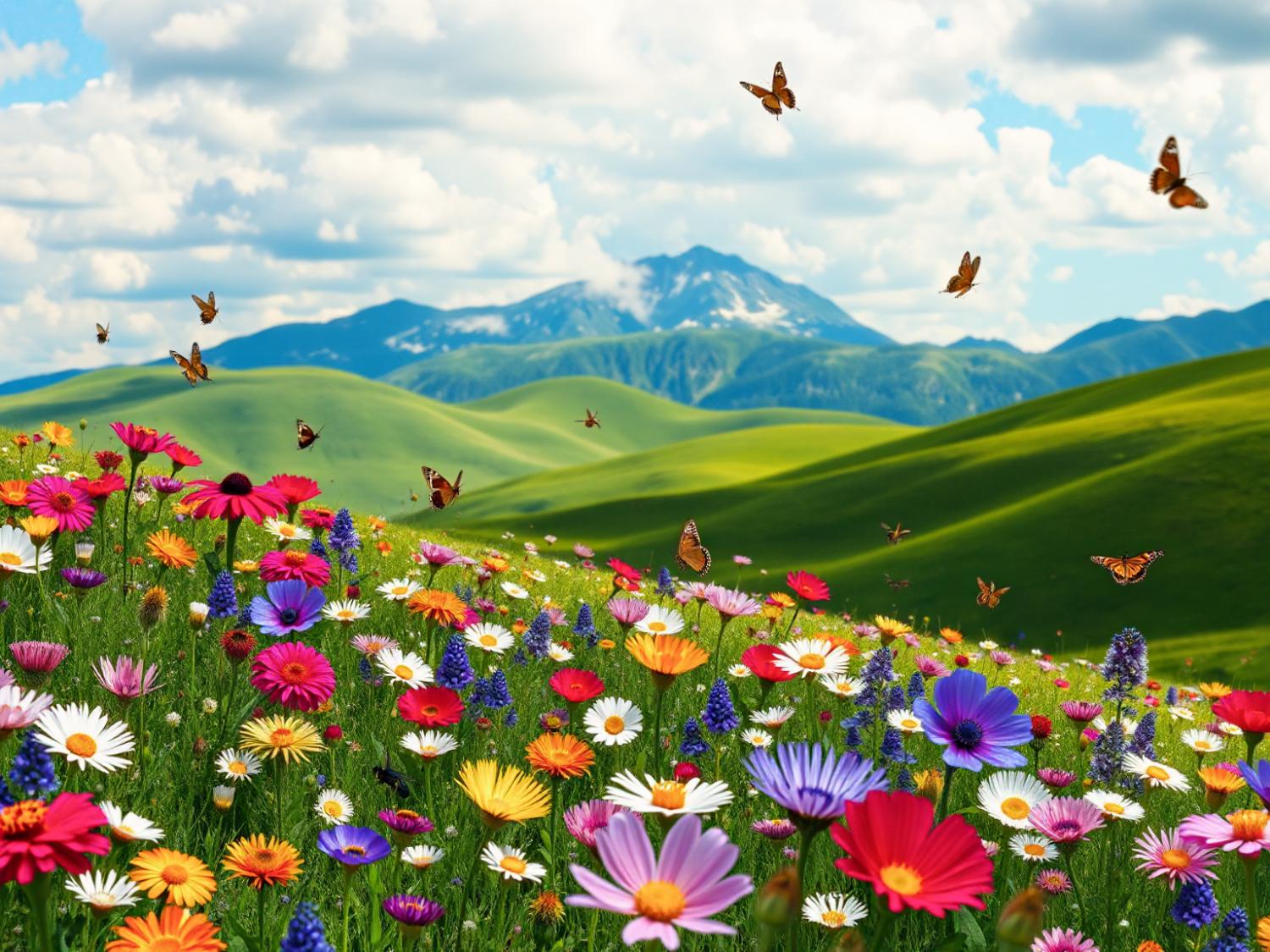 A vibrant wildflower field, featuring daisies and gerberas, resembles a chic designer print. Butterflies flutter under a scenic sky.