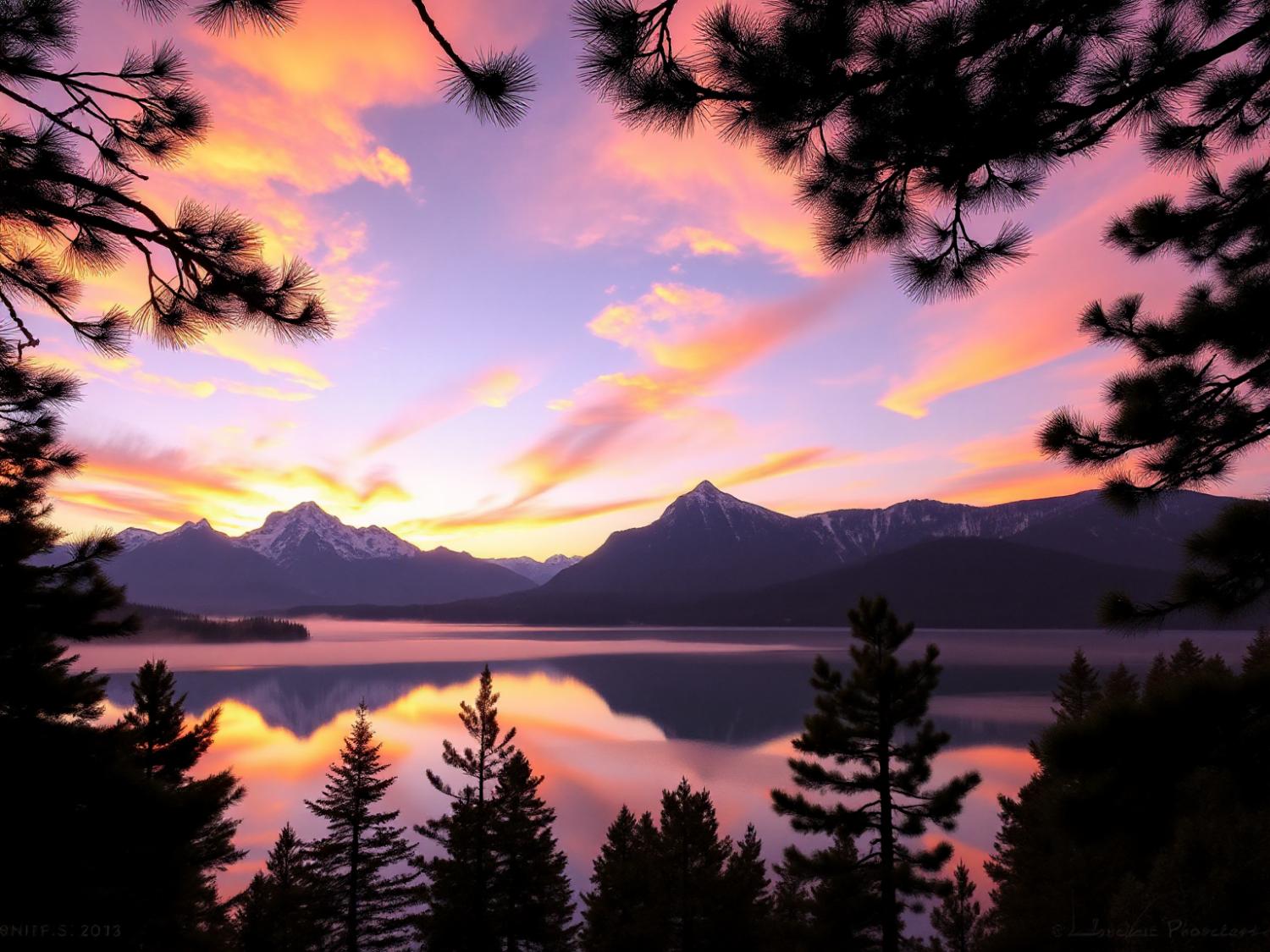 A serene lake mirrors a vibrant sunset, framed by snow-capped mountains and pine trees—a scene perfect for stylish Samsonite Ibon adventures.
