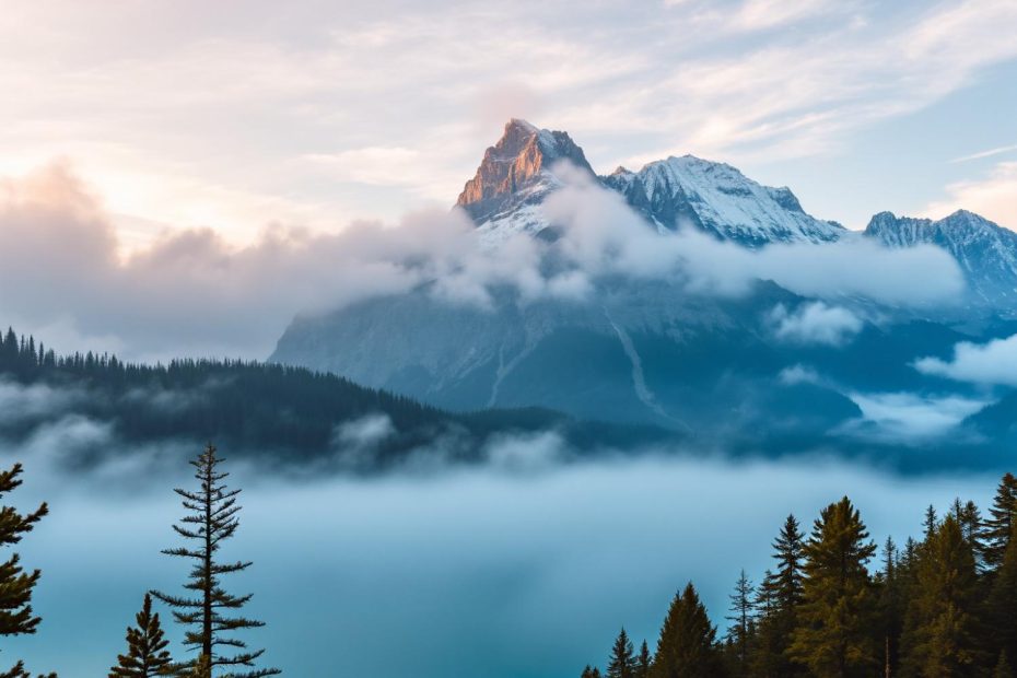 A Samsonite Ibon sits amidst evergreen trees, framing a snow-capped peak and clouds—a stylish companion for adventurous travel.