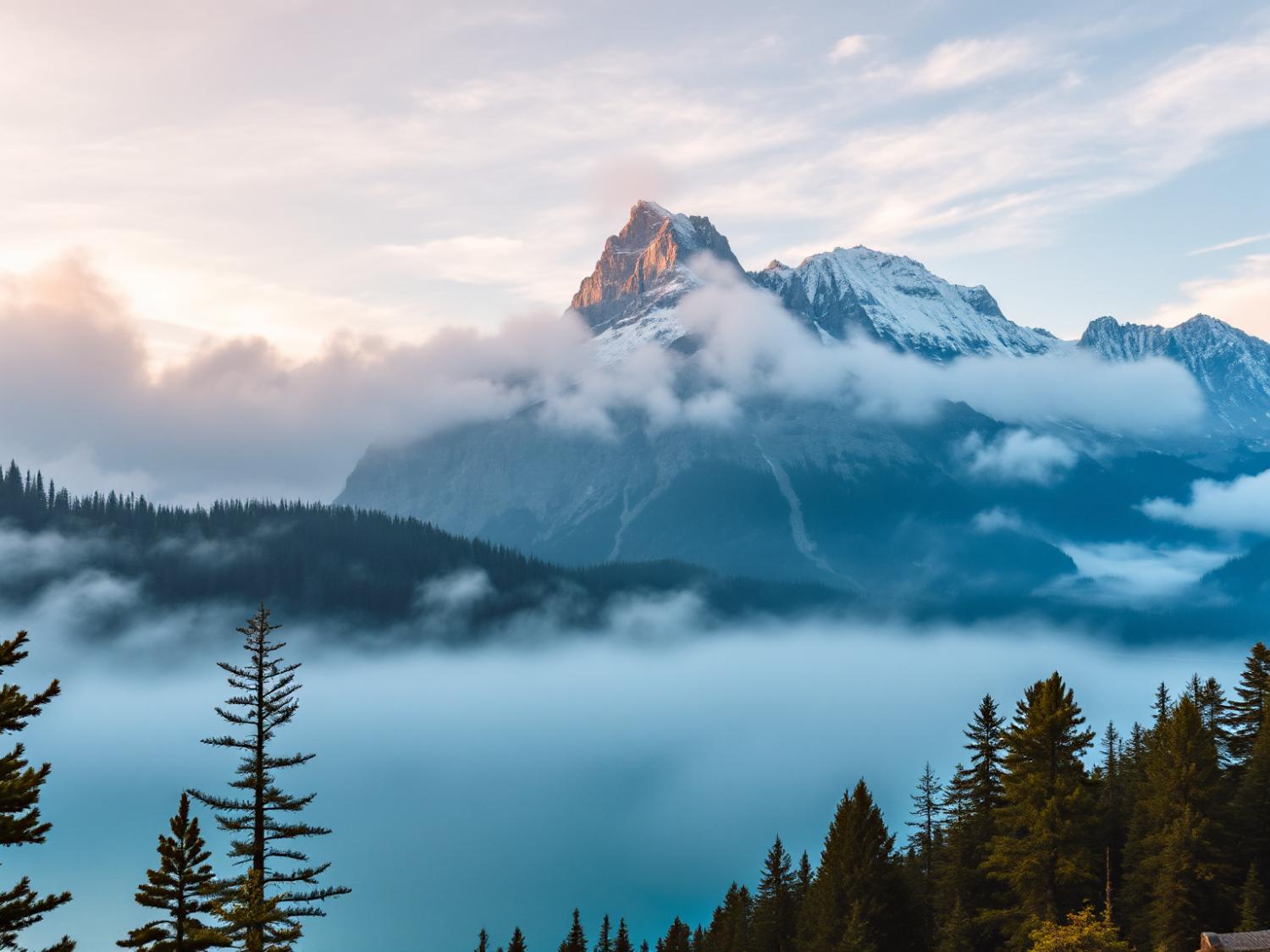 A Samsonite Ibon sits amidst evergreen trees, framing a snow-capped peak and clouds—a stylish companion for adventurous travel.