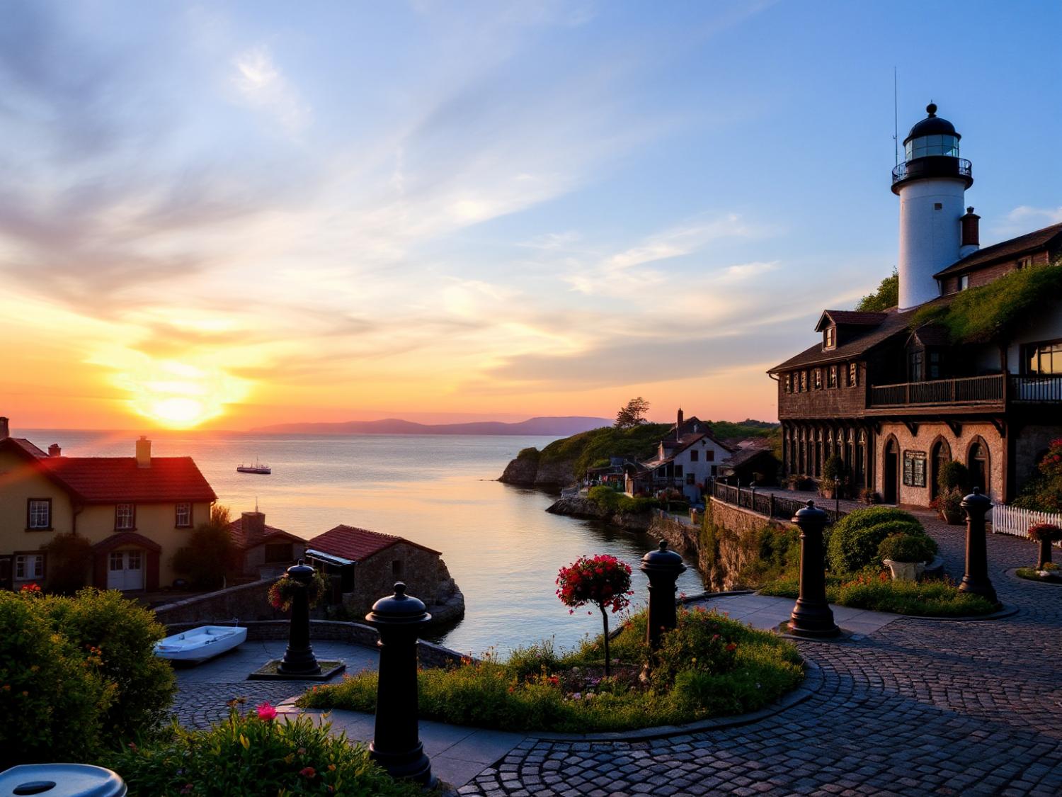 A serene coastal village at sunset, where timeless red rooftops meet cobblestones; punctuated by a Herschel backpack, embodying travel chic.