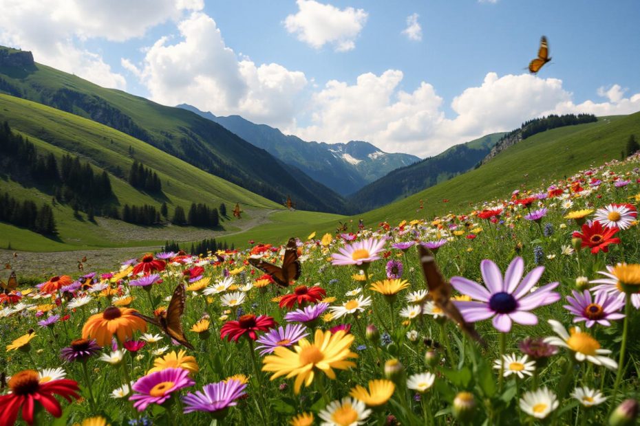 A vibrant meadow with colorful wildflowers and flitting butterflies reflects nature's effortless style, echoing boho fashion notes.