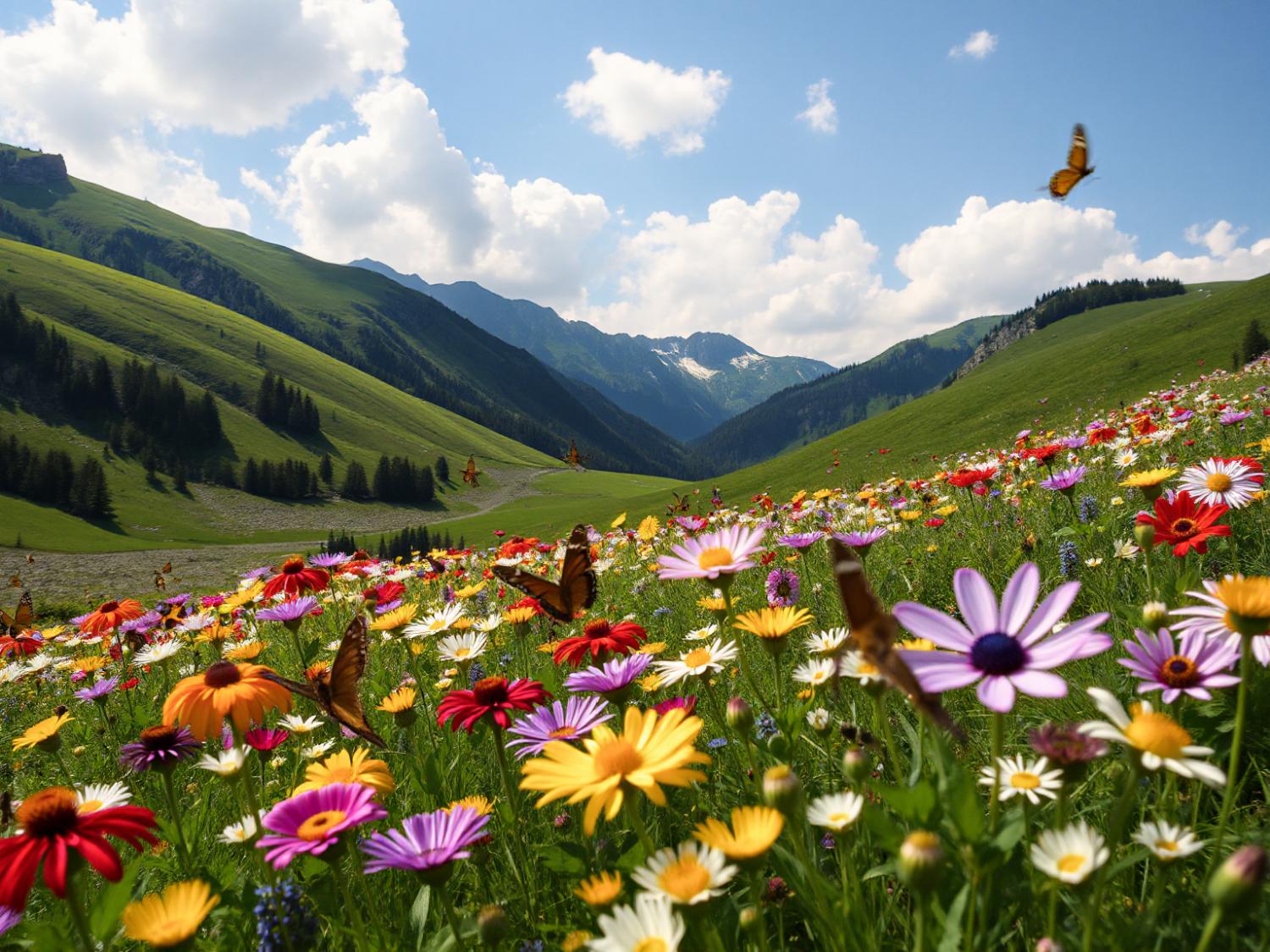 A vibrant meadow with colorful wildflowers and flitting butterflies reflects nature's effortless style, echoing boho fashion notes.
